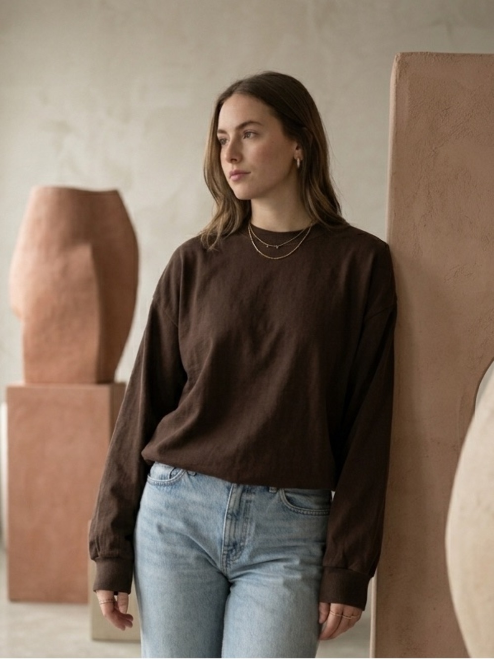 NWT SKIMS Heavy Cotton Jersey Oversized Long Sleeve T-Shirt Espresso XXS-M - Picture 5 of 8